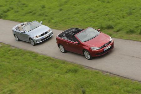 BMW 120i Cabrio, VW Golf Cabrio 1.4 TSI, Seitenansicht, Dach offen