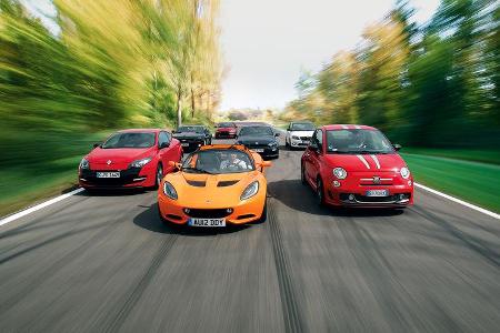 Chevrolet Camaro, Fiat 500 Abarth, Lotus Elise S, Mitsubishi Lancer Evo, Renault Megane R.S., Skoda Fabia RS, VW Scirocco R