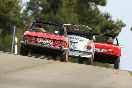 Peugeot 504 Cabriolet, Triumph Stag, VW 1303 Cabriolet Heckansicht