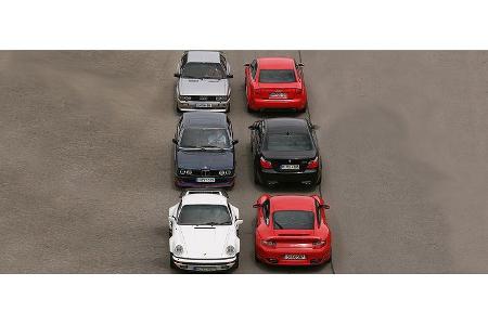 Die sportlichen Stars von heute und ihre Vorfahren: Audi RS4 und Quattro, BMW M5 und M 535i, Porsche Turbo und Ur-Turbo.