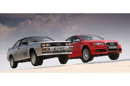 Der Audi Quattro von 1980 springt mit dem aktuellen RS4 um die Wette.