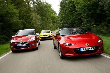 DS 3, Renault Mégane R.S., Mazda MX-5 Skyactiv-G 180