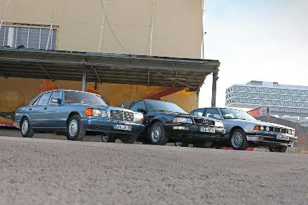 Audi V8, BMW 740i, Mercedes 420 SE, Frontansicht