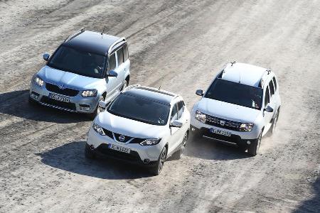Nissan Qashqai 1.2 DIG-T, Dacia Duster, Skoda Yeti, Frontansicht
