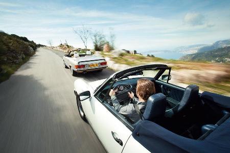 Mercedes 500 SL, Porsche 911 Carrera Cabriolet, Fahrersicht