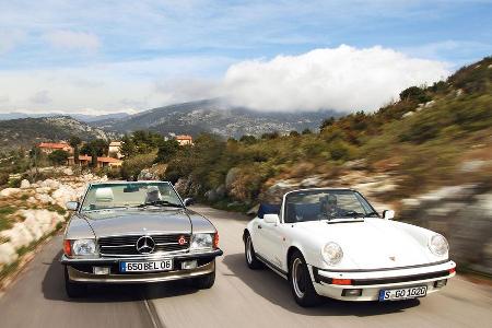 Mercedes 500 SL, Porsche 911 Carrera Cabriolet, Frontansicht