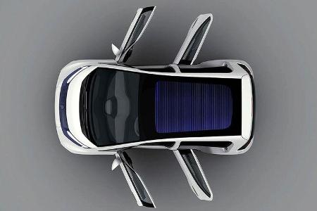 Bei der Pininfarina-Studie B Zero entlasten die Solarmodule auf dem Dach die Batterie. Bereits mittelgroße Solarzellen ...