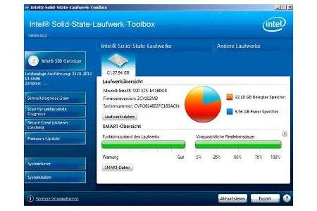 Auch die Intel SSD Toolbox kann die Lage des SSD-Laufwerks überprüfen und gegebenenfalls Optimierungen vorschlagen. Viele Sc...