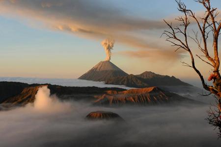 Im Nationalpark Bromo-Tengger-Semeru auf der Insel Java grummeln vier Vulkane vor sich hin. Der aktivste unter ihnen ist der...