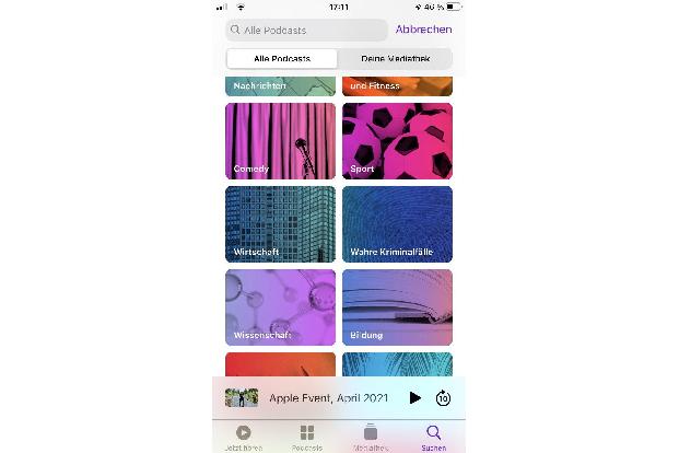 Ist die Suche aktiviert, zeigt der Podcasts-Store eine Sammlung verschiedener Kategorien an.