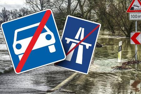 Flut Hochwasser Straße Autobahn Sperrung