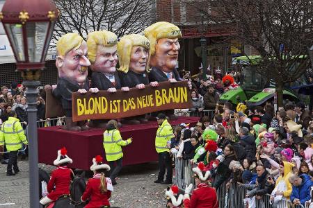 Mit drastischen Motiven haben die Karnevalisten in ihren Ros...
