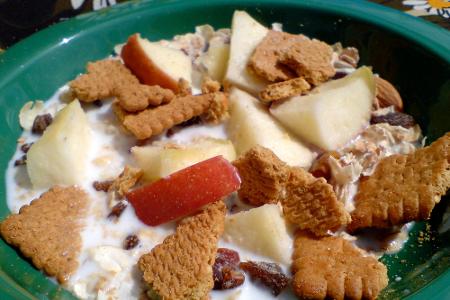 Auch zuckerreduzierte Produkte können noch viel Fett enthalten. Besser: Haferflocken mit frischen Früchten.