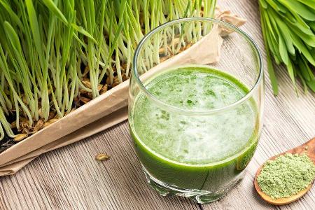 Zwei gehäufte Teelöffel des grünen Pulvers und Wasser ergeben einen Gerstengras-Drink.