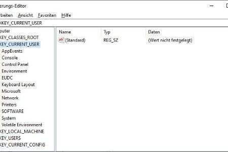 Regedit stellt die Hauptschlüssel in einer Baumansicht auf der linken Seite dar. „Hkey_Current_User“ enthält die Einstellung...