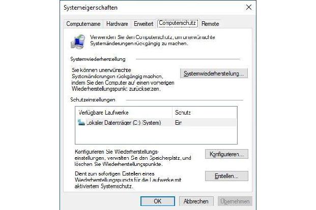 Computerschutz: Die Systemwiederherstellung muss für das Laufwerk „C:“ aktiviert sein. Windows erstellt dann automatisch bei...
