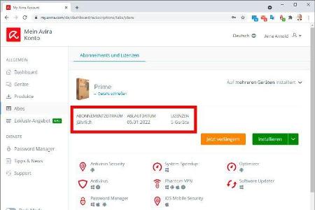 Diese Lizenz für Avira Prime läuft am 5.01.2022 ab. Eine automatische Verlängerung besteht nicht.