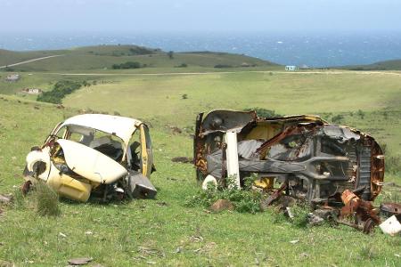 Stillleben: Wiese, Ozean, zwei Autowracks.