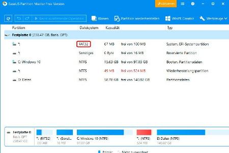 NTFS ist längst das Standarddateisystem von Windows, eine überschaubare FAT32-formatierte Partition für den Bootloader benötigen aber selbst moderne Computer mit Uefi-Firmware.