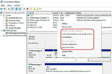 Die Windows-Datenträgerverwaltung bietet die wichtigsten Funktionen, sperrt diese jedoch abhängig von Art und Funktion des Volumes teilweise.