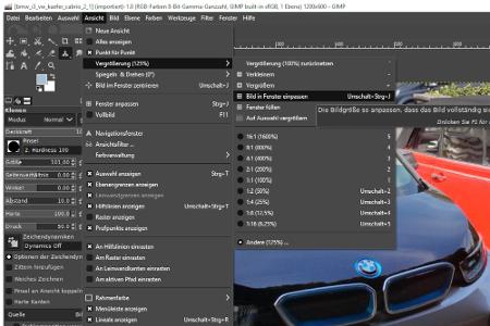 Das Menü „Ansicht, Vergrößerung, Bild in Fenster einpassen