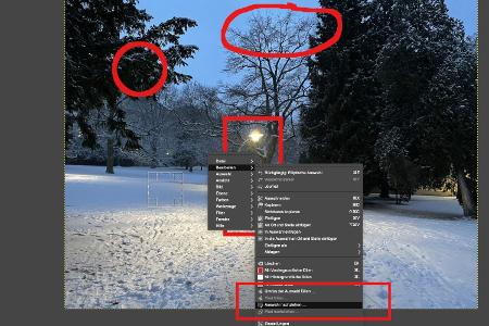 Mit „Auswahl nachziehen“ erstellen Sie einen Markierungsrahmen im Bild. Wir haben auf diesem Bild mit drei unterschiedlichen Werkzeiuen Markierungen vorgenommen und anschließend noch das Menü 