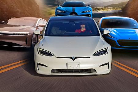 Tesla Model S Plaid Dragrace Bugatti Lucid Rimac Collage