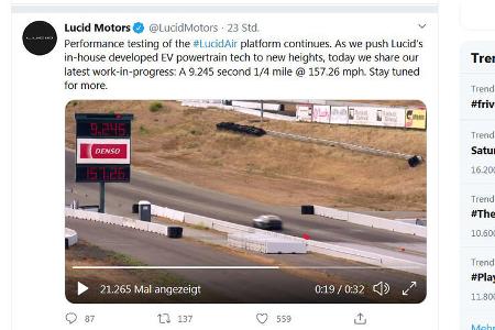 Lucid Air schafft Viertelmeile in 9,245 Sekunden.
