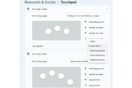 Drei- und Vier-Finger-Gesten: Die Einstellungen für das Touchpad erscheinen anfangs kompliziert, doch wenn man die Bewegungen etwas eingeübt hat, sind sie hilfreich.