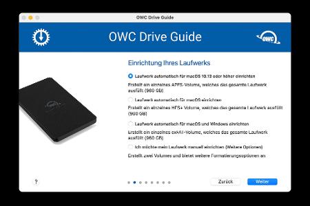 Der OWC Drive Guide führt den unerfahrenen Nutzer durch die Einrichtung des Laufwerks. Die Fragen sind leicht verständlich und bieten eine große Hilfe.