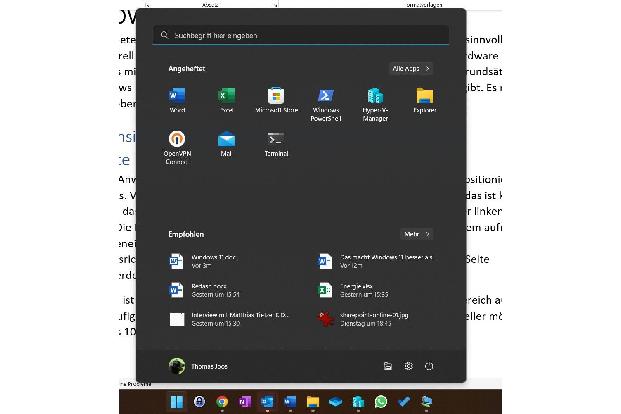 Die Ansicht des Startmenüs in Windows 11 ist aufgeräumter, Dokumente können schneller direkt aus dem Startmenü aufgerufen werden