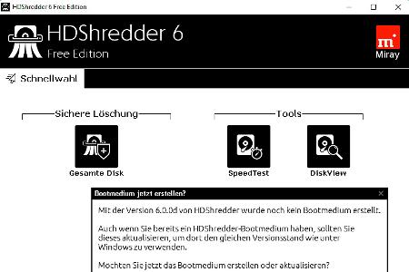 HDShredder 6 Free Edition ermöglicht das Erstellen eines Bootmediums, sodass Sie auch Ihre Systemfestplatte mit der Windows-Installation löschen können.