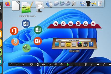 Rocketdock ist am oberen Rand zu sehen. Die anderen Starter sind Rainmeter-Skins. Diese muss man für den produktiven Einsatz jedoch erst über INI-Dateien konfigurieren.