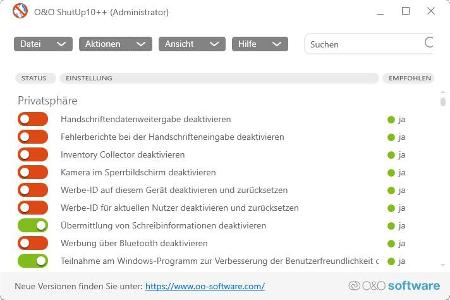 O&O ShutUp10++ bietet eine Übersicht mit den Sicherheitseinstellungen und Hilfe bei der Auswahl von sinnvollen Optionen.