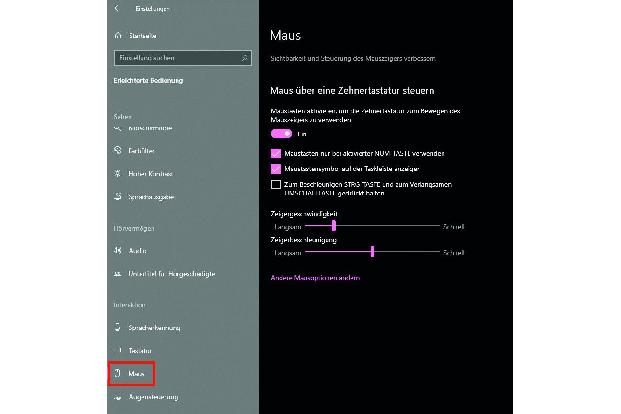 Alternativ lässt sich der Mauszeiger in Windows 10 auch mit den Pfeiltasten des Nummernblocks der Tastatur steuern.