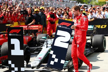 Zeitstrafe sorgt für großen Unmut - Beim großen Preis von Kanada 2019 liegt Vettel auf Sieg-Kurs. Doch im Duell mit Lewis Hamilton kommt er von der Piste ab und behindert seinen Kontrahenten beim Zurückkehren auf die Strecke. Die Stewards verhängen eine Zeitstrafe, der Sieg ist weg. Vor der Siegerehrung macht Vettel seinem Unmut über die Entscheidung Luft und platziert demonstrativ den Aufsteller für Platz eins vor seinem Ferrari.
