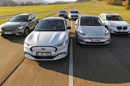 BMW IX3, Ford Mustang Mach-E, Jaguar I-Pace, Mercedes EQC 400, Tesla Model Y, Volvo XC40 Recharge