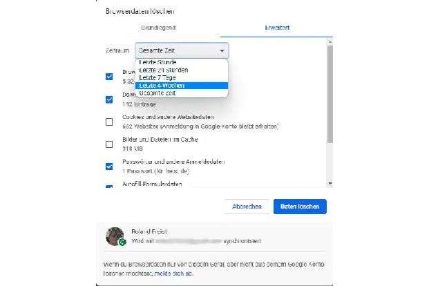 In Chrome können Sie angeben, ob Sie alle Cookies löschen wollen oder nur die Dateien, die in den letzten Tagen und Wochen hinzugekommen sind.