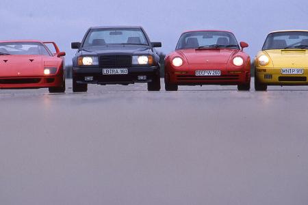 Ferrari F 40, Mercedes AMG 6.0 32 V, Porsche 959, Ruf-Porsche CTR, Hochgeschwindigkeits-Vergleich 1988