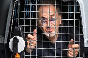 Hugo Egon Balder wirbt im Käfig gegen illegalen Hundehandel