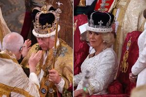 König Charles III. und Königin Camilla kämpfen mit ihren Kronen