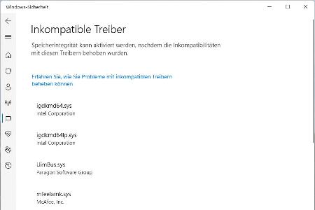 Die Speicher-Integrität nennt auf Wunsch diejenigen Treiber, die eine Aktivierung einer Funktion verhindern, so dass Sie gezielt nach Updates suchen können.