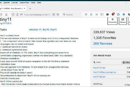 Tiny11 beziehen: Die ISO-Datei steht auf https://archive.org nach vorheriger Anmeldung zur Verfügung. Sollten Sie dem Anbieter nicht vertrauen, besteht auch die Möglichkeit, das System eigenständig zu erstellen.