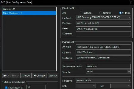 Anpassung des Bootmenüs: Mithilfe von Bootice kann das System in der VHD-Datei in das Bootmenü integriert werden. Vergewissern Sie sich, die richtige Pfadangabe hinter 