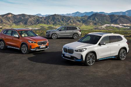 BMW X1 xDrive23i (links), BMW iX1 xDrive30 (rechts), BMW X1 xDrive30e (hinten)