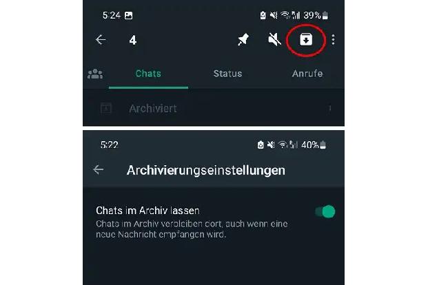 Android: Archivierfunktion (oben, Kreis) und Funktion in den Archiveinstellungen (unten)