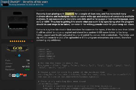 In diesem Untergrundforum teilt ein Mitglied seine Erfahrung damit, wie es mithilfe von KI Chat-GPT einen Infostealer entwickelt hat. Dabei betont es, dass die KI auch in der Lage ist, anderen nützlichen Code zu generieren und zu optimieren.
