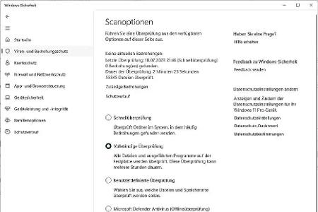 Der Microsoft Defender führt standardmäßig nur Schnellüberprüfungen durch. Sie können das Programm aber auch eine vollständige Überprüfung machen lassen, was allerdings einige Stunden dauern kann.