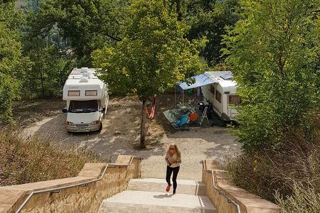 Treppe, Berge, Ausblick, Frau, Caravans
