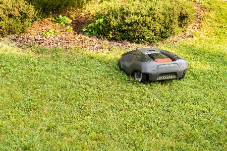 Mähroboter vor Beet